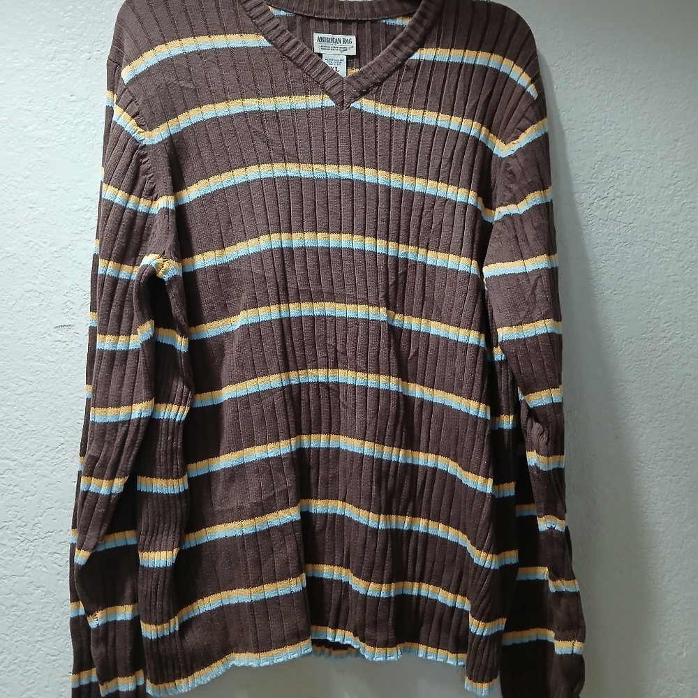 American Rag Brown V-Neck Sweater with Cream and Light Blue Stripes